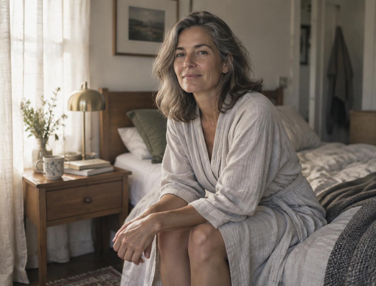 A woman in her early fifties sitting calmly on the edge of her bed in soft morning light.